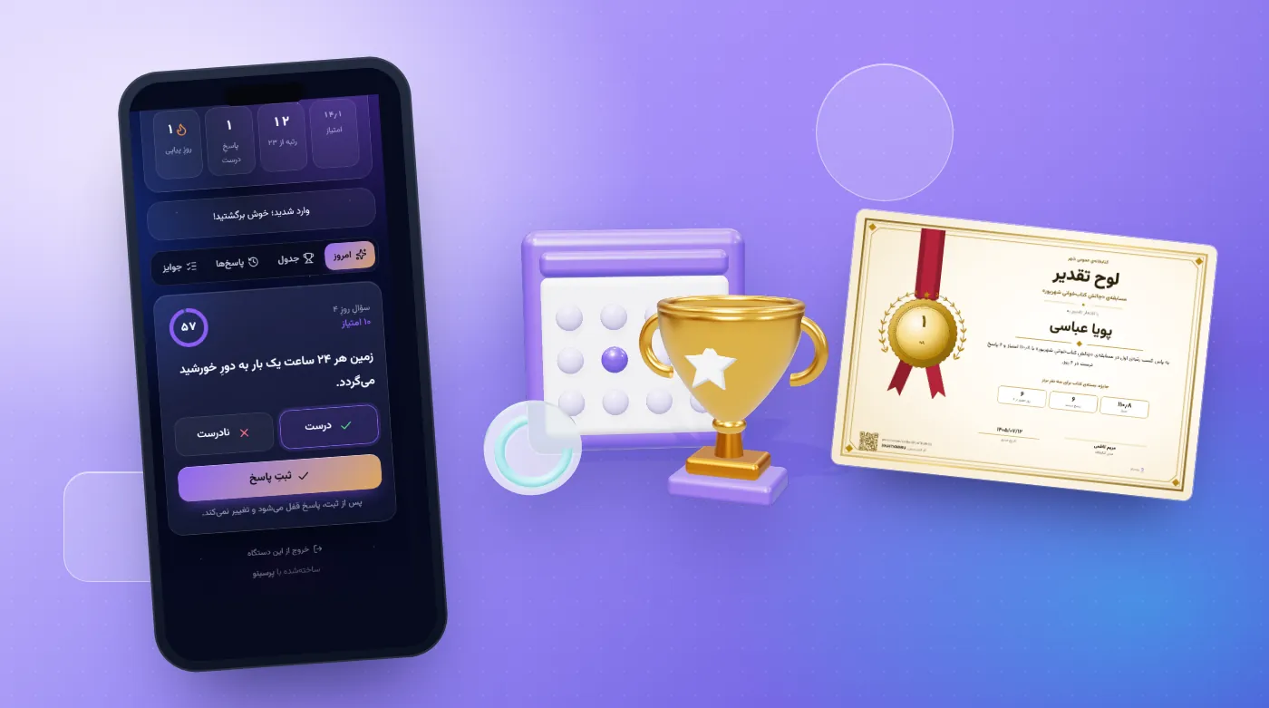 The contest page on a phone with today's question, the winners' podium and a gold certificate