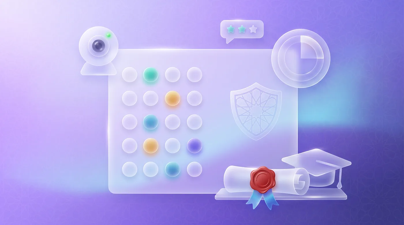 Glass four-option answer sheet with a timer ring, a webcam icon, a graduation cap and a stamped certificate