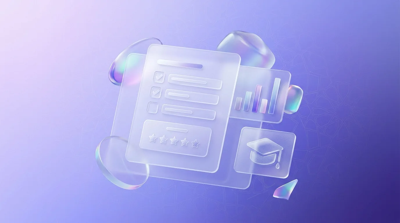 Glass cards of a form with rating stars, a bar chart and a graduation cap on a purple background