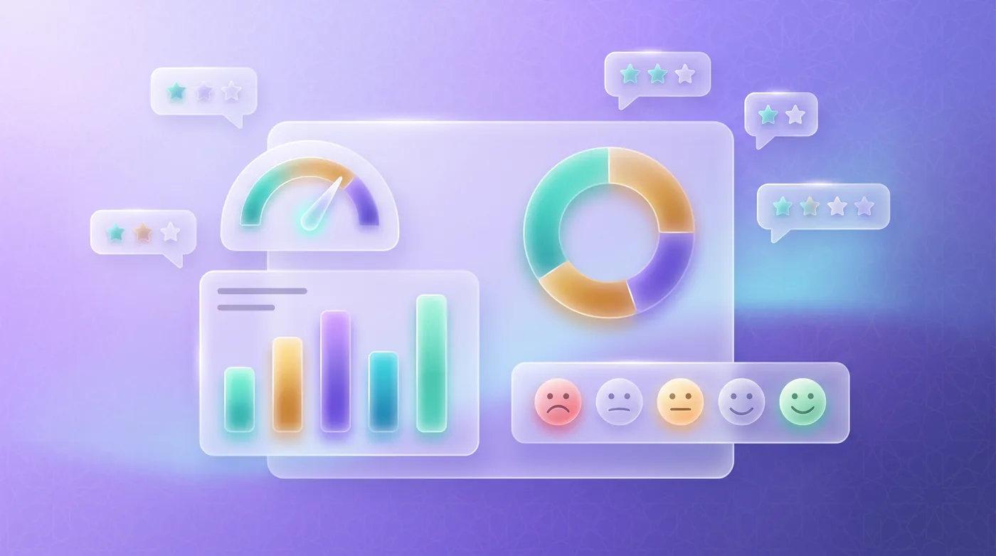 Glass survey dashboard with pie and bar charts, an emoji scale and a satisfaction gauge