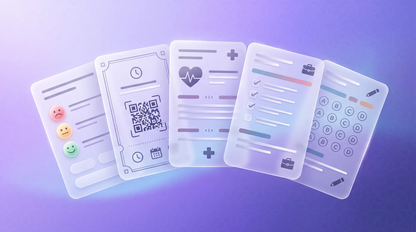A glass gallery of Porsino's ready-made templates with form, survey and exam cards