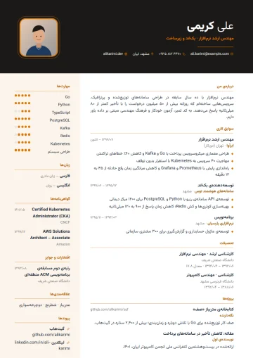 نمونه‌ی رزومه با قالب مدیریتی · زغالی و مسی (دسته‌ی رسمی)