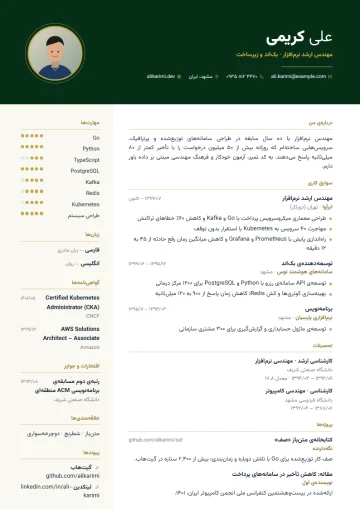 نمونه‌ی رزومه با قالب مدیریتی · جنگلی و طلایی (دسته‌ی رسمی)