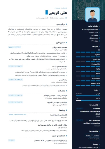 Sample resume in the Tech · Code blue template (Modern category)