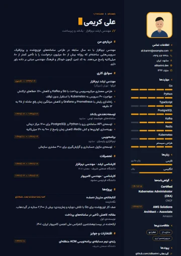 Sample resume in the Tech · All dark template (Modern category)